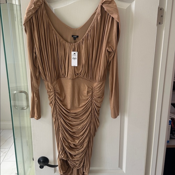 Express Shimmery Ruched Long Sleeve Dress - Tan - Picture 2 of 4